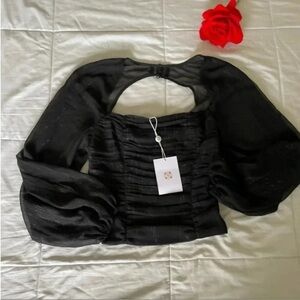 Wayf Black Ruched Puff Sleeve Crop Top